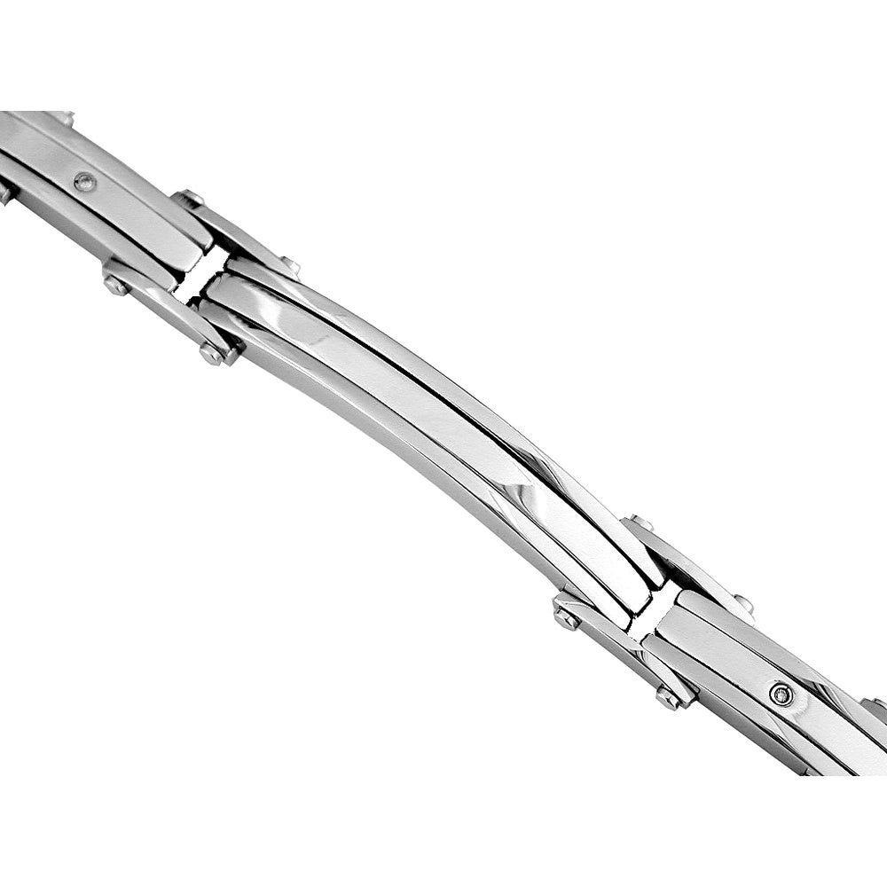 Stainless Steel Curved Link Bracelet with Single Round Diamond - 0.02 Carat Total Diamond Weight - Royal Jewelry