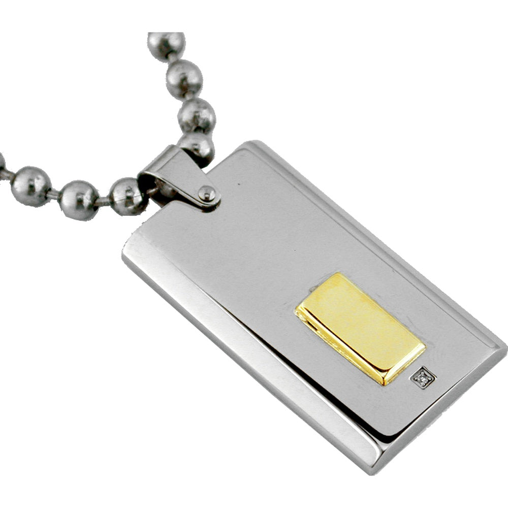 Stainless Steel Dog Tag Pendant with 14K Yellow Gold Accent and Bezel-Set Round Diamond - 0.01 Carat Total Diamond Weight - Royal Jewelry