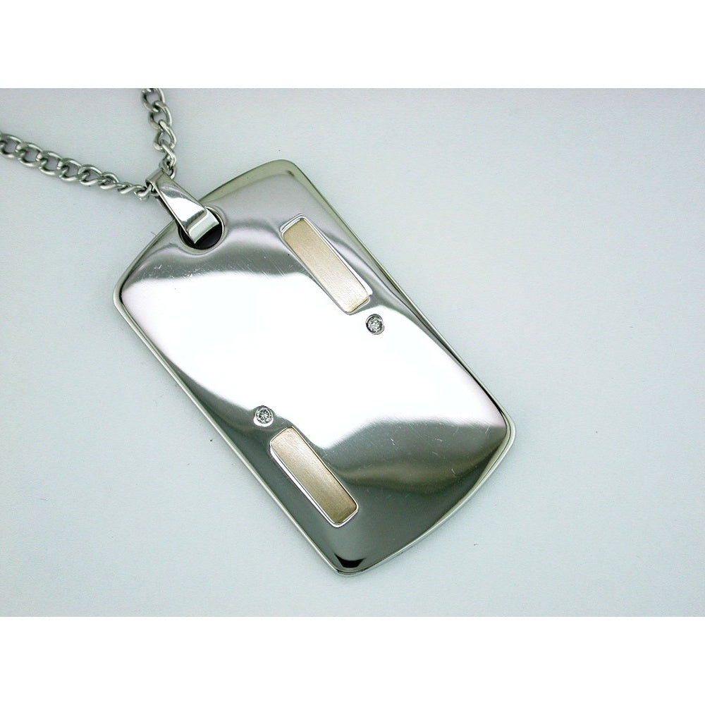 Stainless Steel Dog Tag Pendant with 14K Yellow Gold Accents and Round Diamond Sparkle - 0.06 Carat Total Diamond Weight - Royal Jewelry
