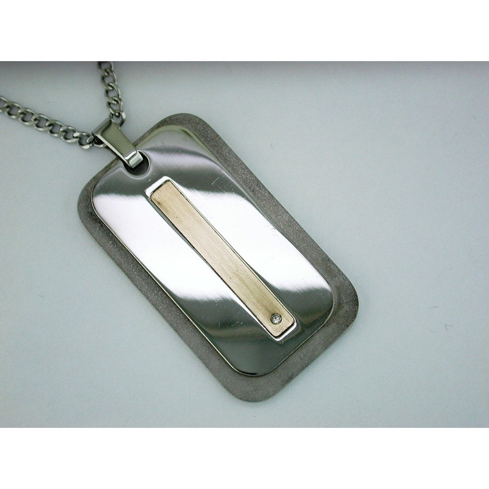 Stainless Steel Dog Tag Pendant with Brushed 14K Yellow Gold Bar and Round Diamond Accent - 0.05 Carat Total Diamond Weight - Royal Jewelry