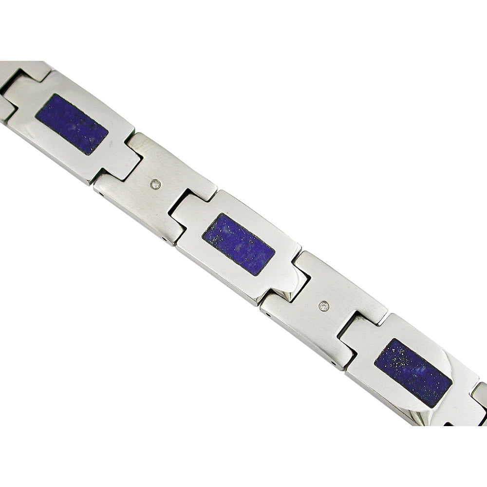 Stainless Steel Fancy Link Bracelet with Flush-Set Round Diamonds and Rectangular Lapis Lazuli Inlays - 0.06 Carat Total Diamond Weight - Royal Jewelry