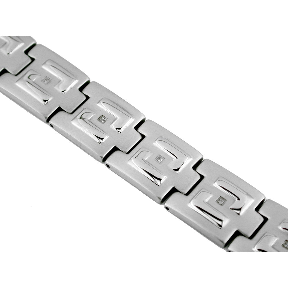 Stainless Steel Geometric Link Bracelet with Flush-Set Round Diamond - 0.03 Carat Total Diamond Weight - Royal Jewelry