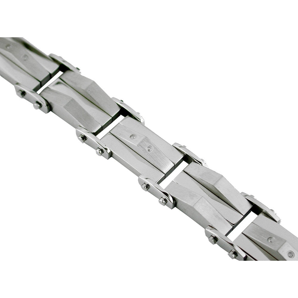Stainless Steel Geometric Link Bracelet with Set Round Diamonds - 0.05 Carat Total Diamond Weight - Royal Jewelry