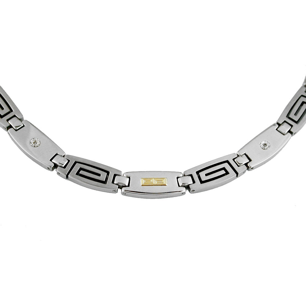 Stainless Steel Geometric Link Necklace with 14K Yellow Gold Inlay and Round Diamond Accents - 0.04 Carat Total Diamond Weight - Royal Jewelry