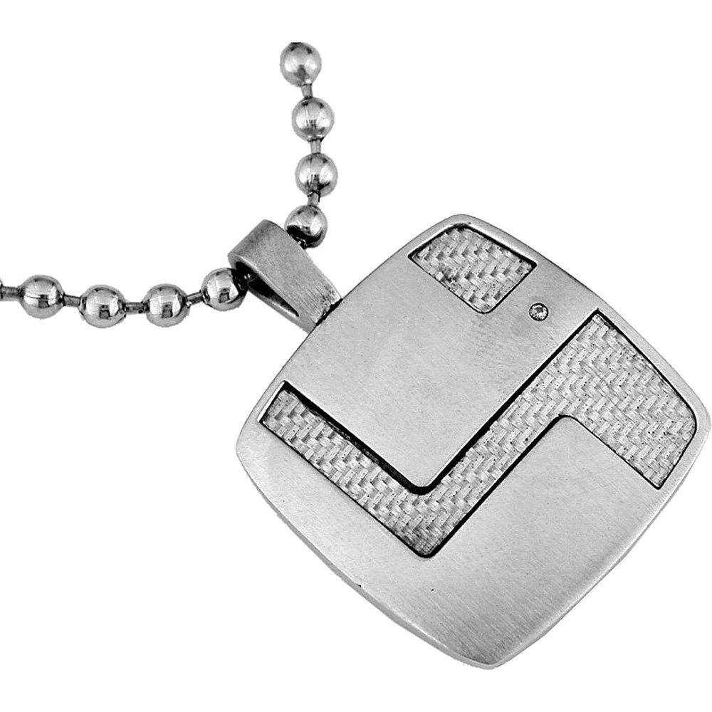 Stainless Steel Geometric Pendant Necklace with Brushed Finish and Single Round Diamond Accent - 0.01 Carat Total Diamond Weight - Royal Jewelry