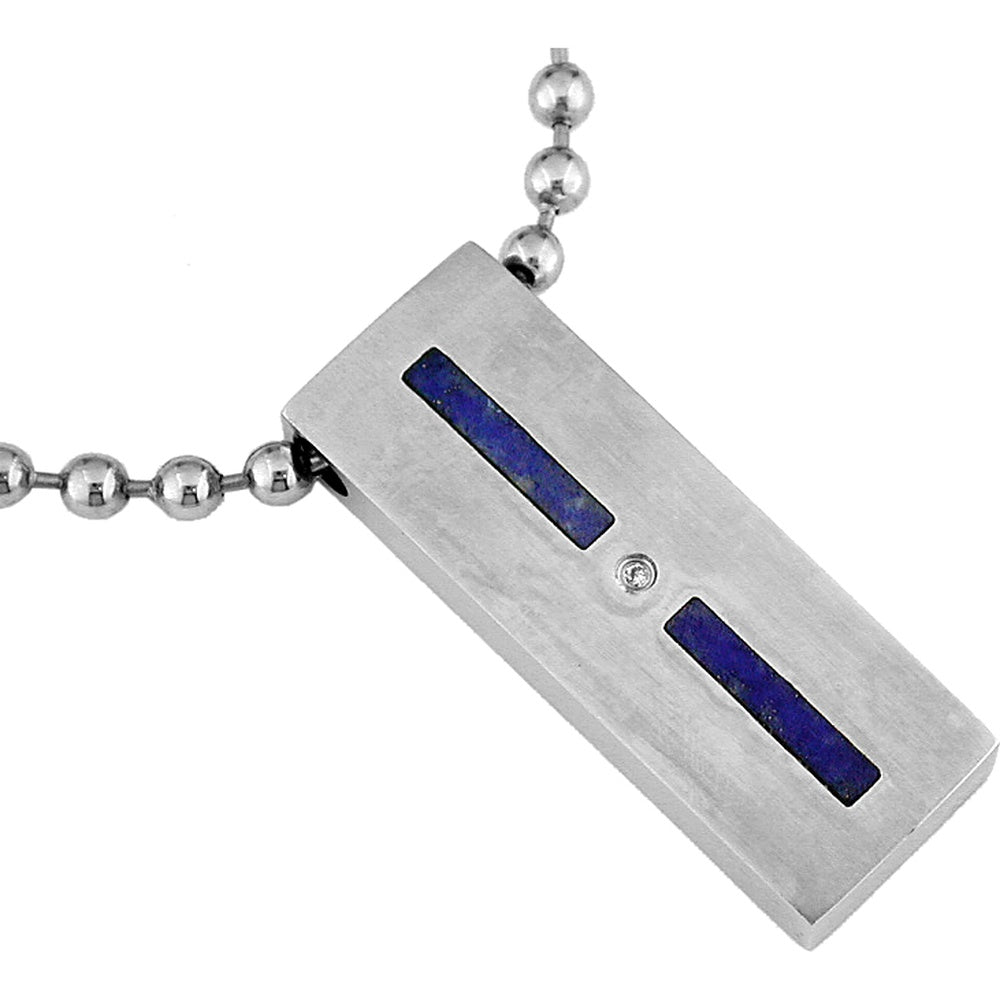 Stainless Steel Geometric Pendant Necklace with Inlaid Lapis Lazuli Bars and Bezel-Set Round Diamond - 0.01 Carat Total Diamond Weight - Royal Jewelry