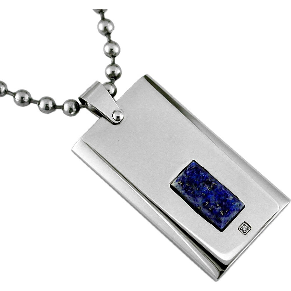 Stainless Steel Geometric Pendant with Flush-Set Rectangular Lapis Lazuli and Accent Round Diamond - 0.01 Carat Total Diamond Weight - Royal Jewelry