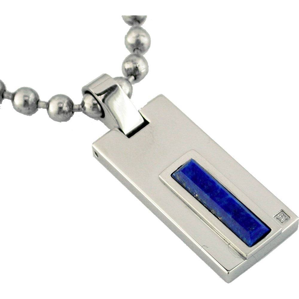 Stainless Steel Geometric Pendant with Rectangular Lapis Lazuli Inlay and Round Diamond Accent - 0.01 Carat Total Diamond Weight - Royal Jewelry