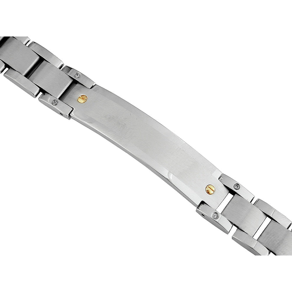 Stainless Steel Link Bracelet with Brushed Finish and Round Diamond Accents - 0.05 Carat Total Diamond Weight - Royal Jewelry