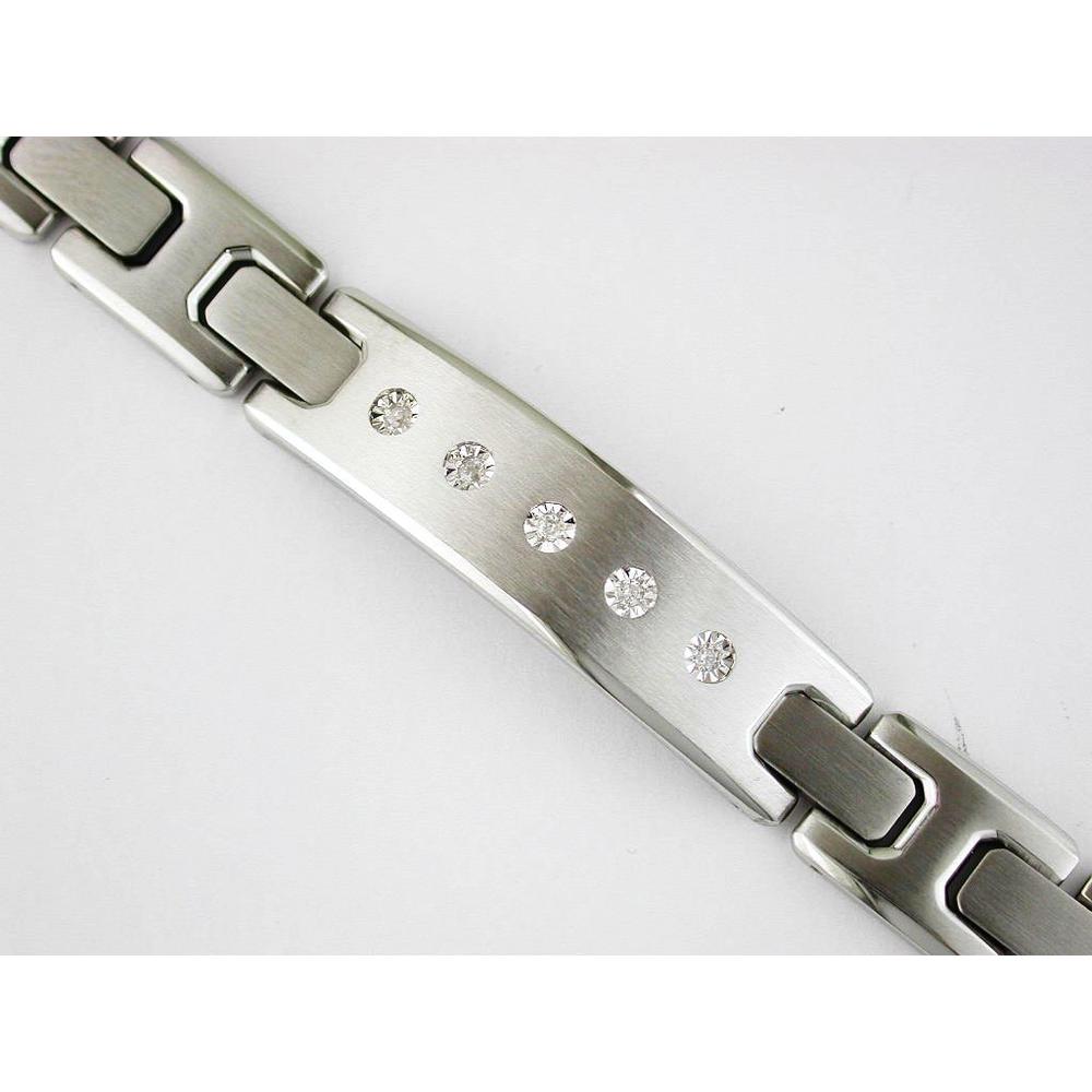 Stainless Steel Link Bracelet with Flush Set Round Diamonds - 0.12 Carat Total Diamond Weight - Royal Jewelry