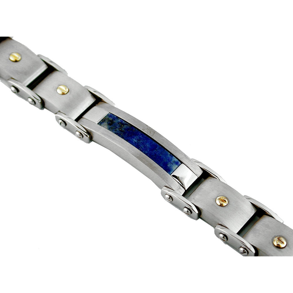 Stainless Steel Link Bracelet with Lapis Lazuli Inlay and 14K Yellow Gold Screw Accents - Royal Jewelry