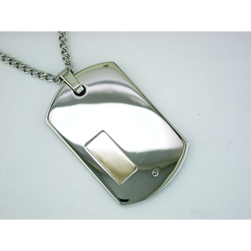 Stainless Steel Pendant Necklace with Brushed Geometric Plate and Flush-Set Round Diamond - 0.03 Carat Total Diamond Weight - Royal Jewelry