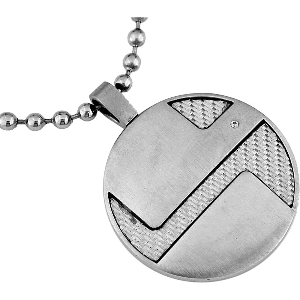Stainless Steel Round Pendant with Brushed Finish and Single Round Diamond Accent - 0.01 Carat Total Diamond Weight - Royal Jewelry