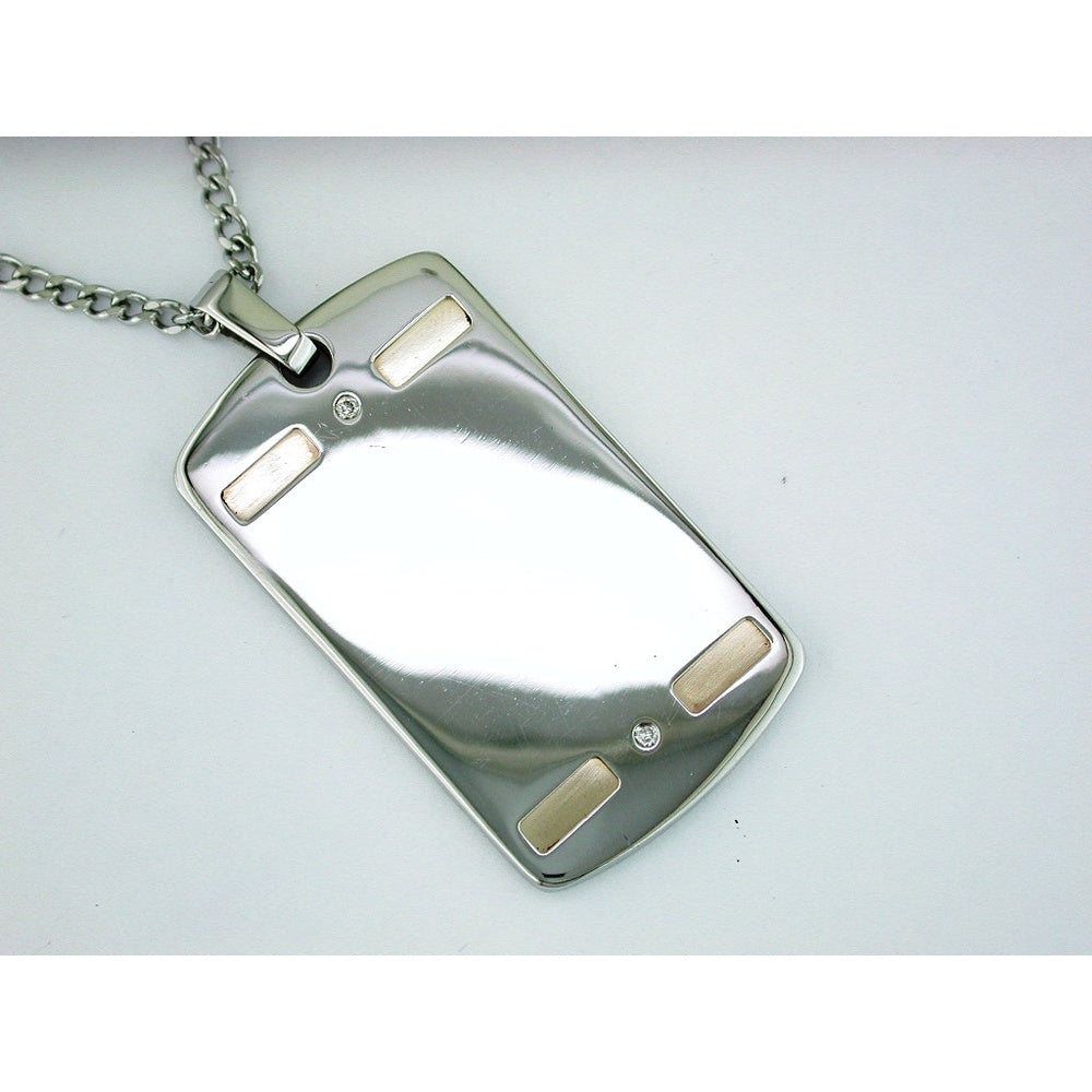 Stainless Steel Tag Pendant with Flush-Set Round Diamonds and Brushed Metal Inlays - 0.06 Carat Total Diamond Weight - Royal Jewelry