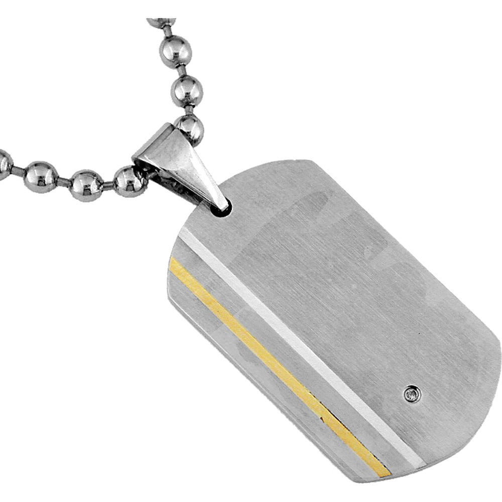 Stainless Steel Two-Tone Brushed Dog Tag Pendant with Single Round Diamond Accent - 0.01 Carat Total Diamond Weight - Royal Jewelry