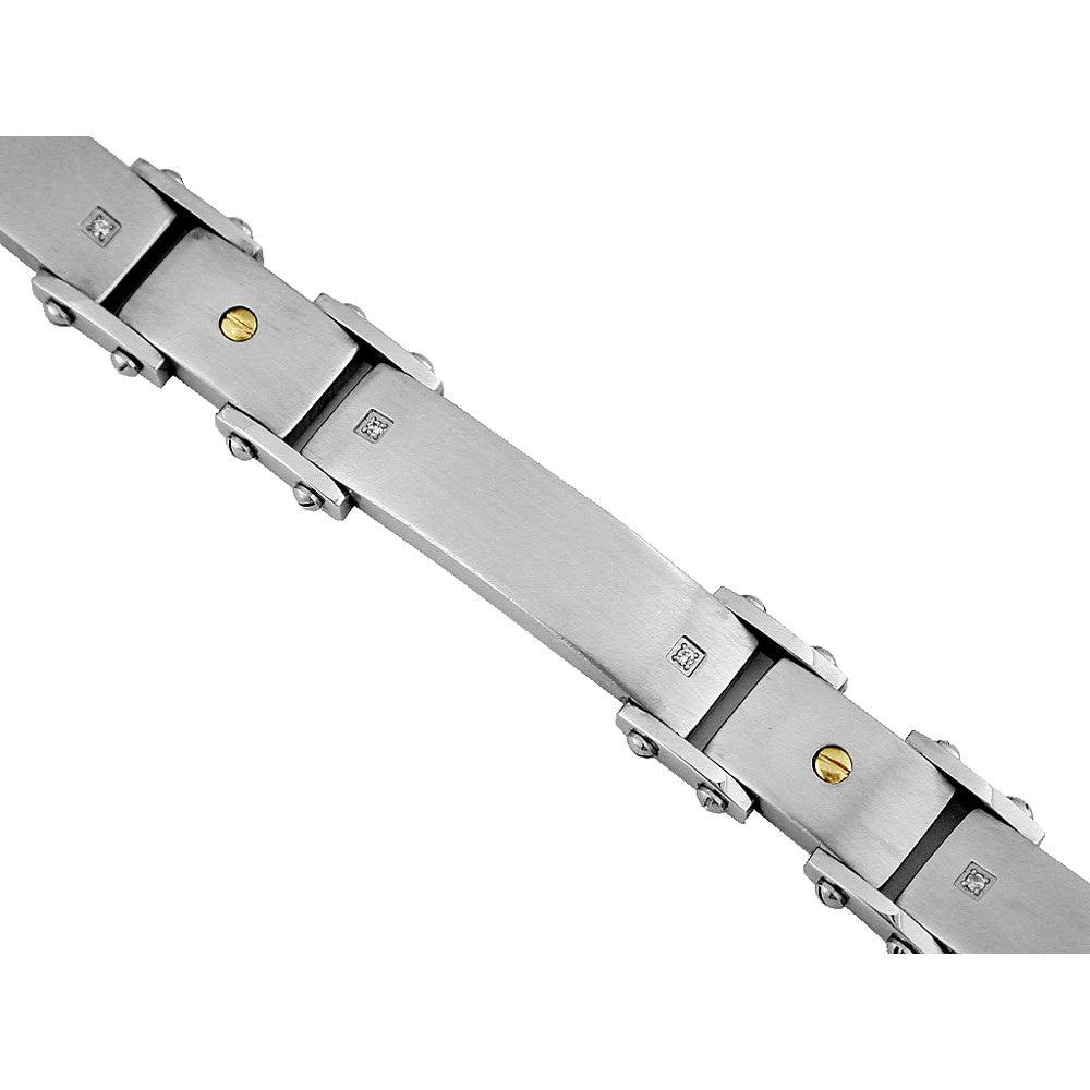 Stainless Steel Wide Link Bracelet with 14K Yellow Gold Accent Screw and Round Diamond - 0.07 Carat Total Diamond Weight - Royal Jewelry