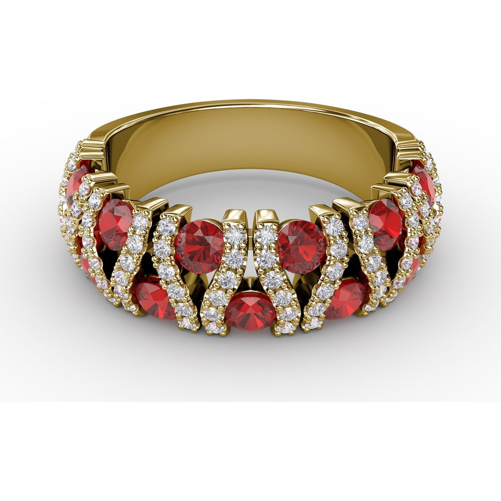 Statement Band with Prong-Set Round Rubies and Pavé Diamond Accents by Fana - 1.85 Carat Total Gemstone Weight