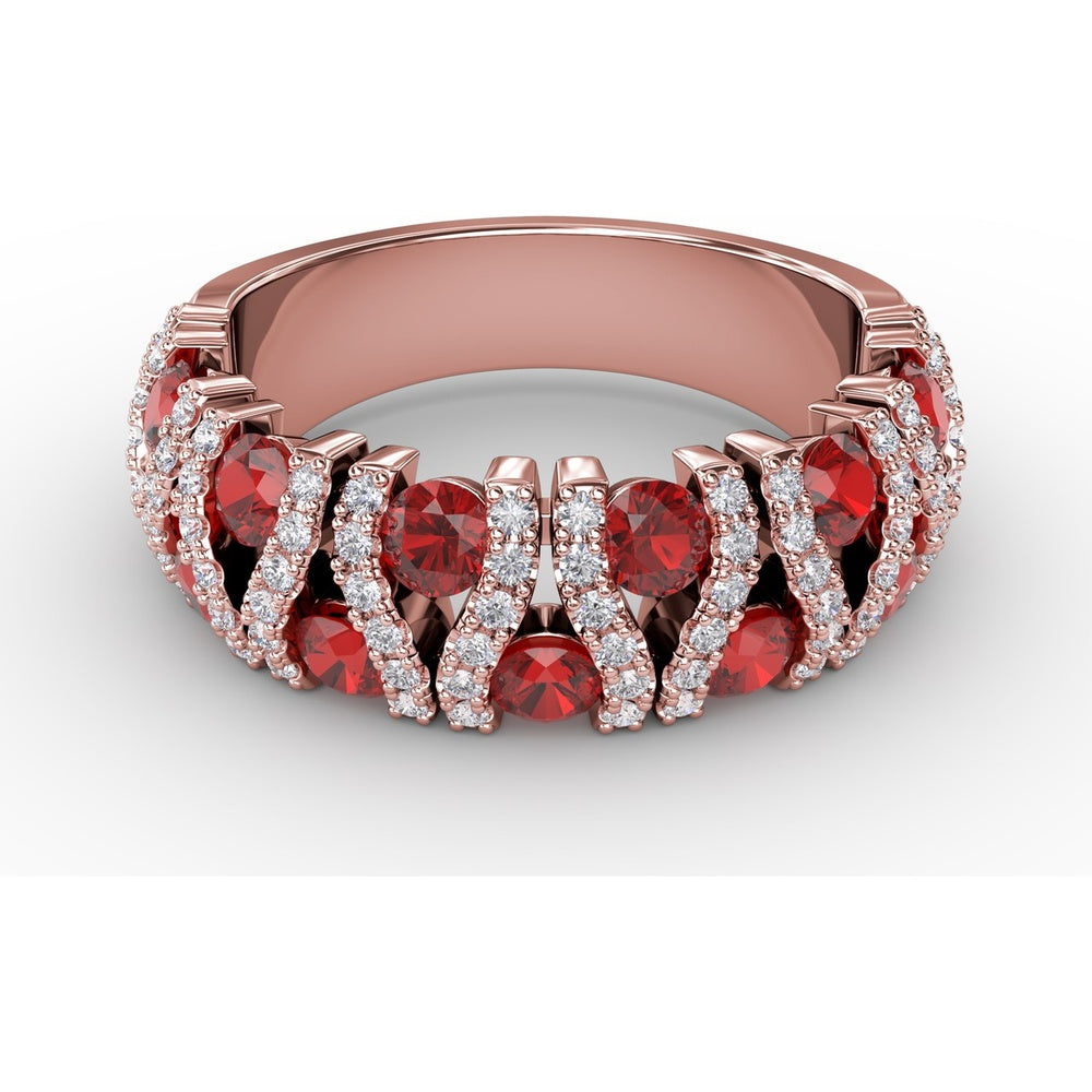 Statement Band with Prong-Set Round Rubies and Pavé Diamond Accents by Fana - 1.85 Carat Total Gemstone Weight