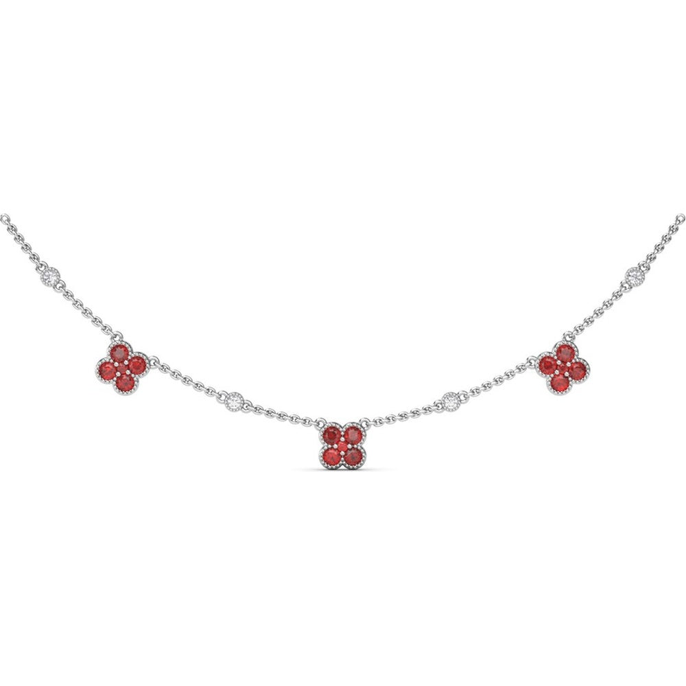 Station Necklace with Milgrain Floral Round Ruby Clusters by Fana - 1.14 Carat Total Ruby Weight