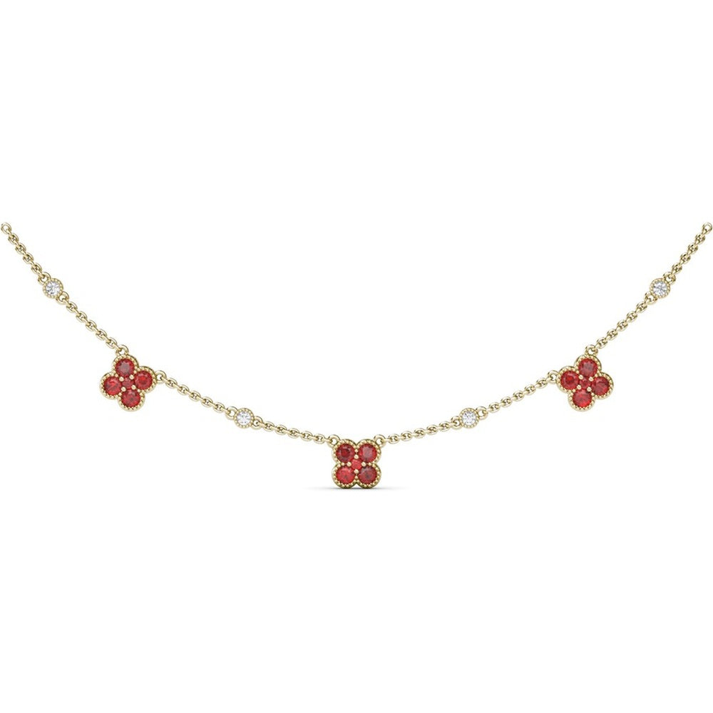 Station Necklace with Milgrain Floral Round Ruby Clusters by Fana - 1.14 Carat Total Ruby Weight