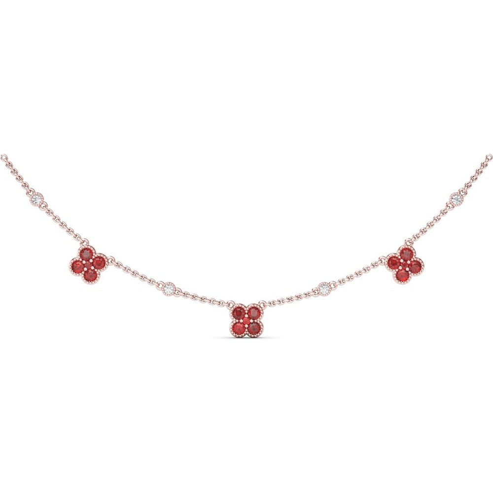 Station Necklace with Milgrain Floral Round Ruby Clusters by Fana - 1.14 Carat Total Ruby Weight