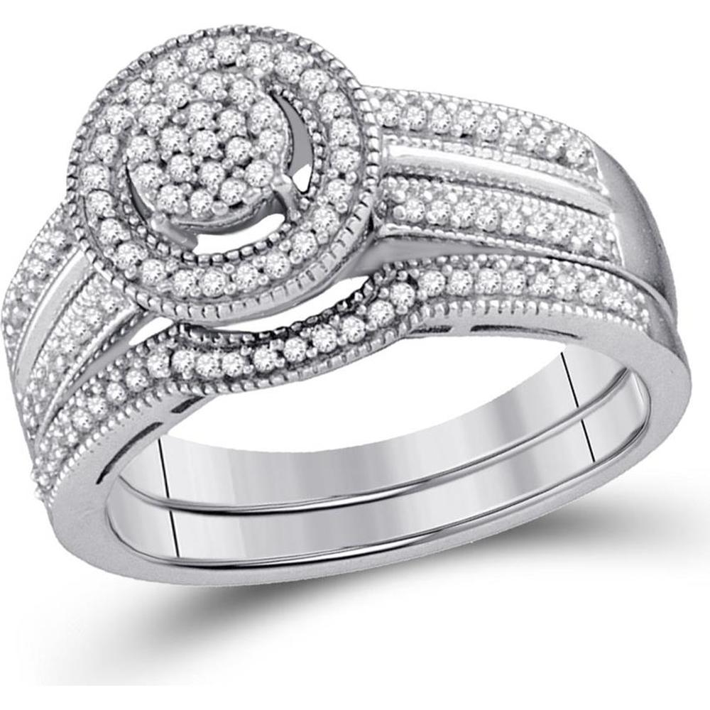 Sterling Silver 1/3 Carat Round Diamond Bridal Wedding Ring Set with Prong and Pave Settings