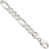 Sterling Silver 11.0mm Flat Figaro Chain Bracelet with Pave Textured Links - 8 Inch Length by Lumare Gioia