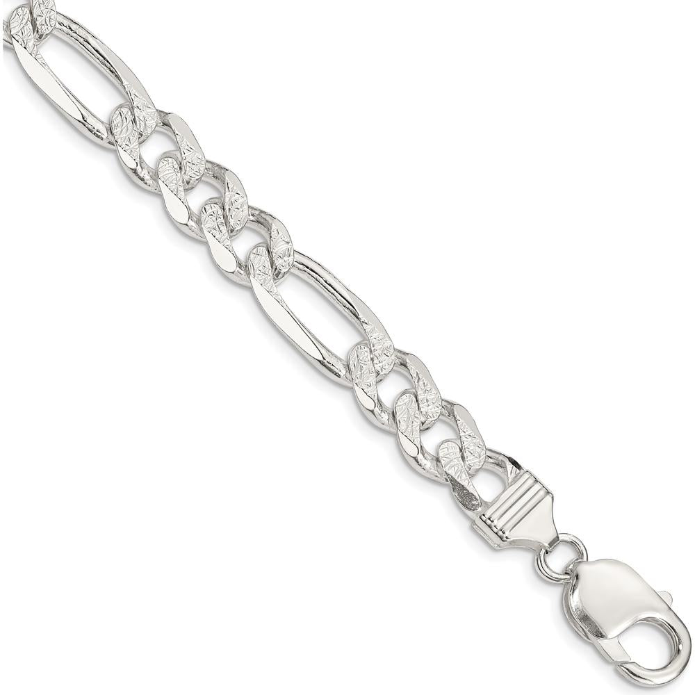 Sterling Silver 11.0mm Flat Figaro Chain Bracelet with Pave Textured Links - 8 Inch Length by Lumare Gioia