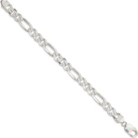 Sterling Silver 11.0mm Flat Figaro Chain Bracelet with Pave Textured Links - 8 Inch Length by Lumare Gioia