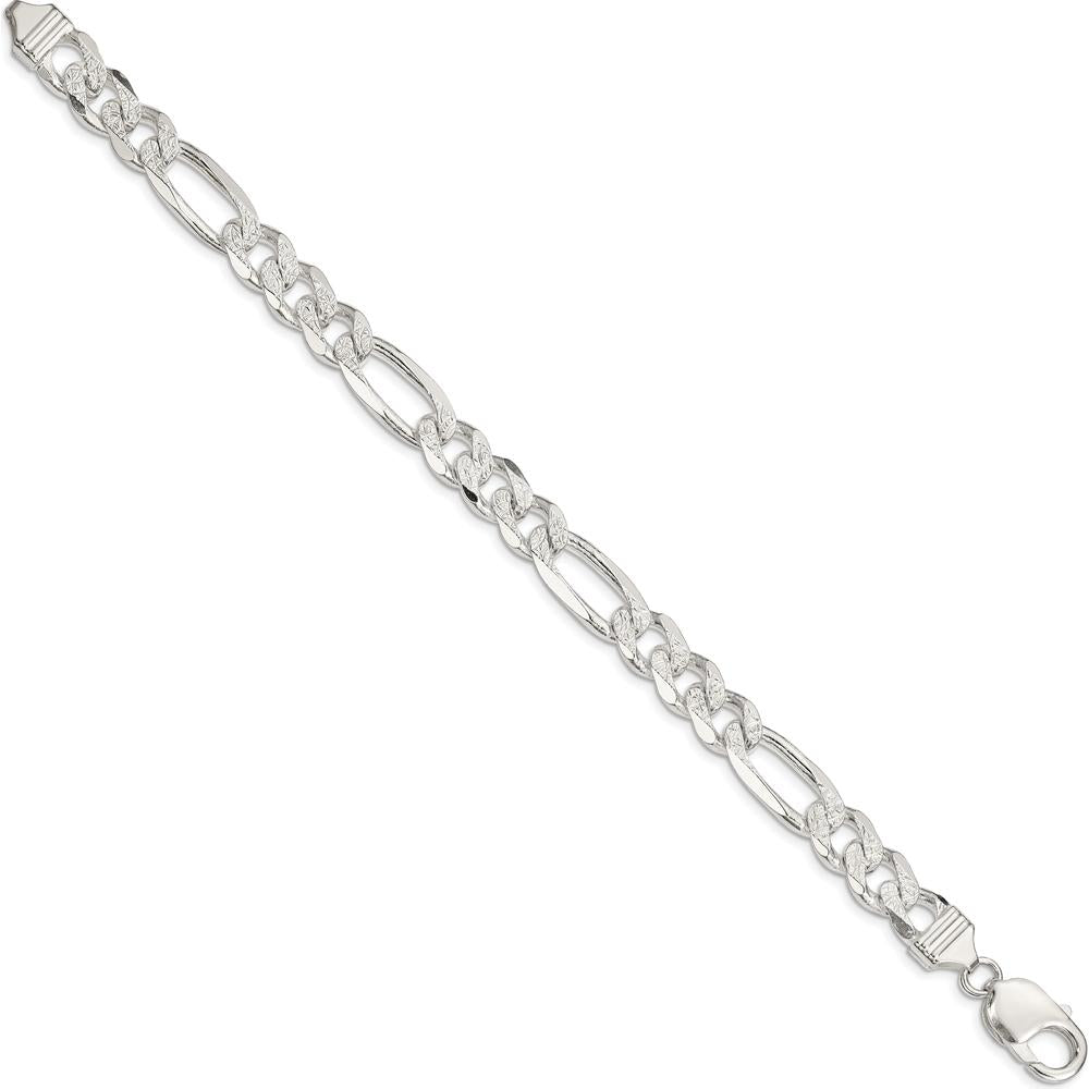 Sterling Silver 11.0mm Flat Figaro Chain Bracelet with Pave Textured Links - 8 Inch Length by Lumare Gioia