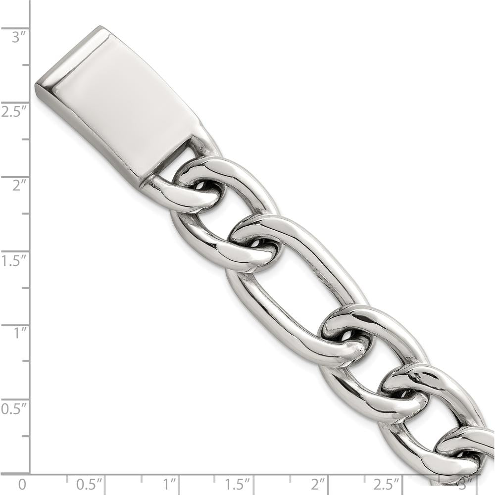 Sterling Silver 17.0mm Figaro Curb Chain Bracelet for Men - 8" Length by Lumare Gioia