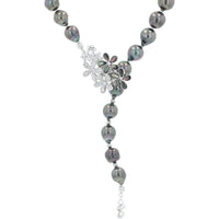 Sterling Silver 18-Inch Y-Drop Necklace with 8.1-10.8mm Black Pearls and Floral Diamond Accents - 0.70 Carat Total Diamond Weight