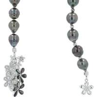 Sterling Silver 18-Inch Y-Drop Necklace with 8.1-10.8mm Black Pearls and Floral Diamond Accents - 0.70 Carat Total Diamond Weight