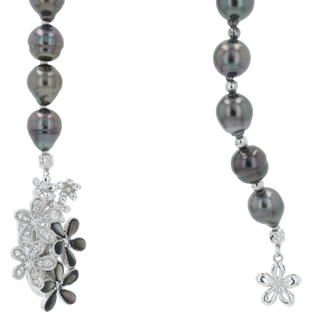 Sterling Silver 18-Inch Y-Drop Necklace with 8.1-10.8mm Black Pearls and Floral Diamond Accents - 0.70 Carat Total Diamond Weight