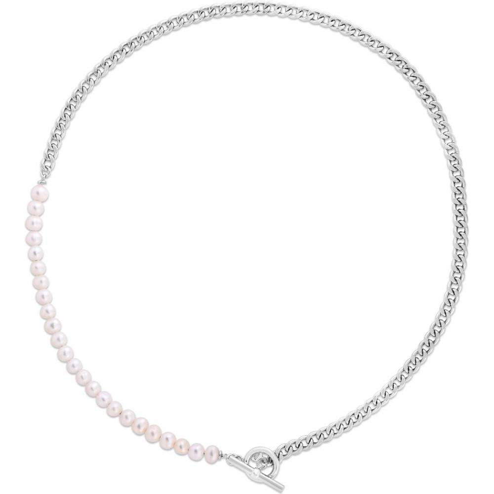 Sterling Silver 18" Pearl Paperclip Toggle Necklace with Freshwater Pearls and Polished Finish by Orozza Fine Jewelry