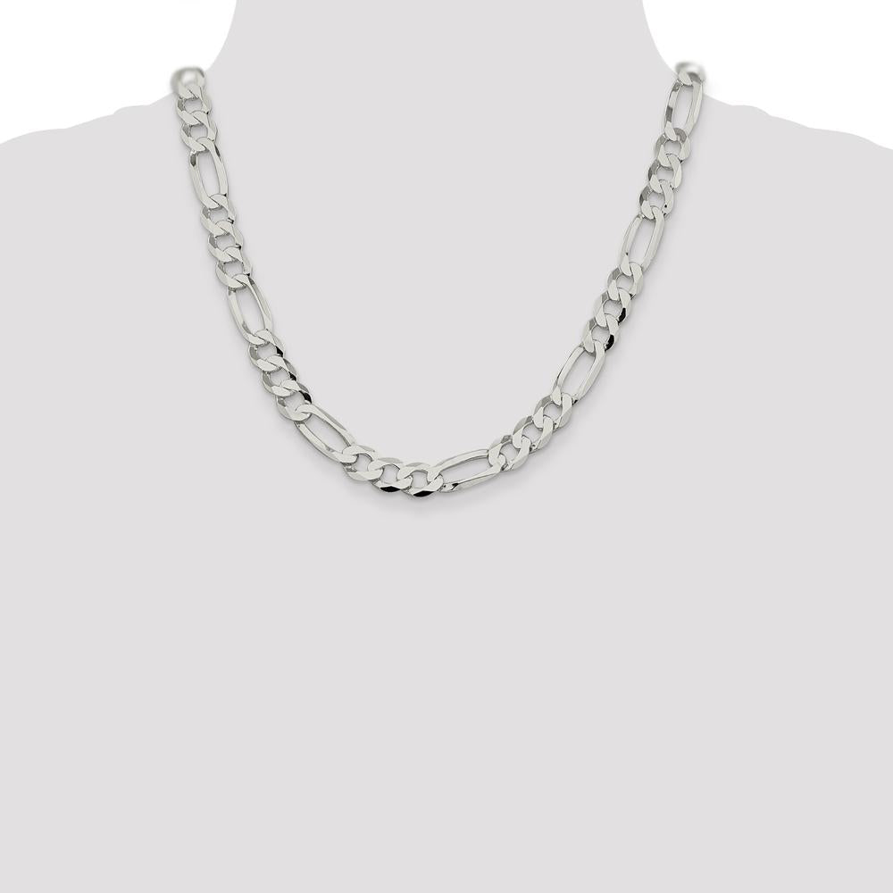 Sterling Silver 20" 9.7mm Polished Flat Figaro Chain with Anti-Tarnish Coating by Lumare Gioia
