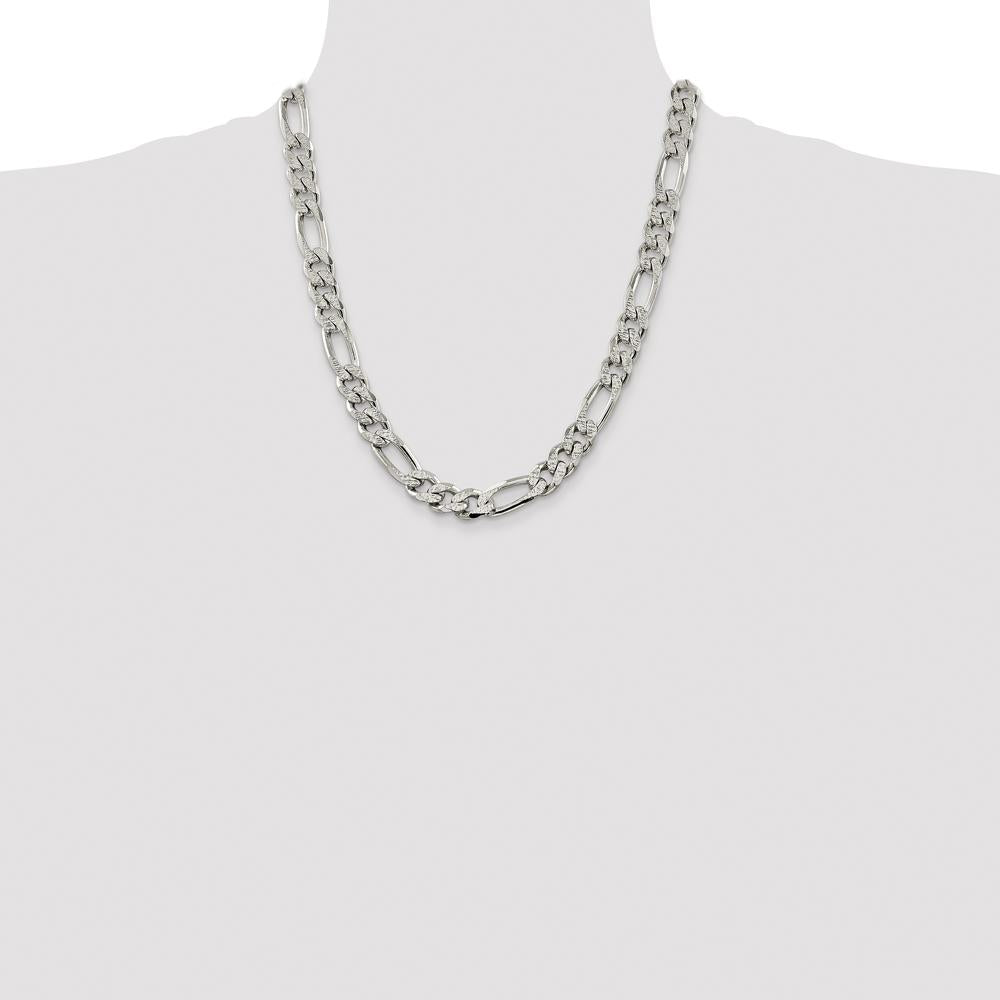 Sterling Silver 22" 11.0mm Flat Figaro Chain Necklace with Polished and Pave Texture by Lumare Gioia
