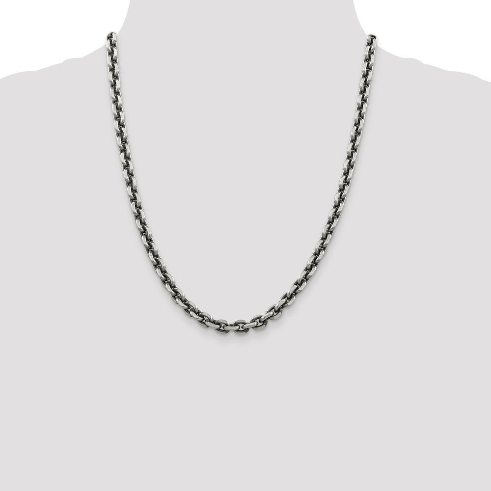 Sterling Silver 22" 7.0mm Diamond-Cut Open Link Cable Necklace with Polished and Antiqued Finish by Lumare Gioia