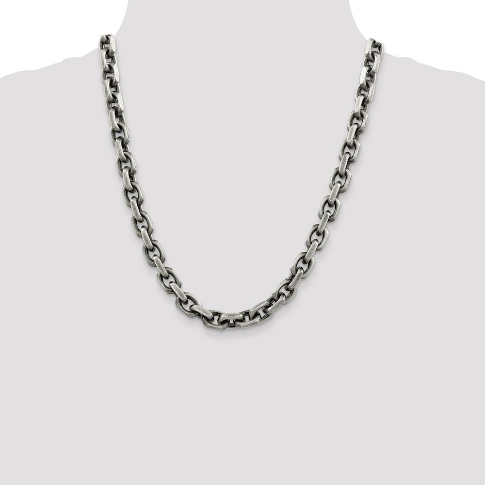 Sterling Silver 22" 8.6mm Diamond-Cut Elongated Open Link Chain with Polished and Antiqued Finish by Lumare Gioia