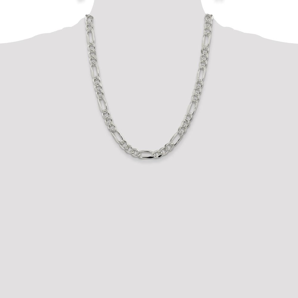 Sterling Silver 22" 8mm Pavé Flat Figaro Chain Necklace with Lobster Clasp by Lumare Gioia