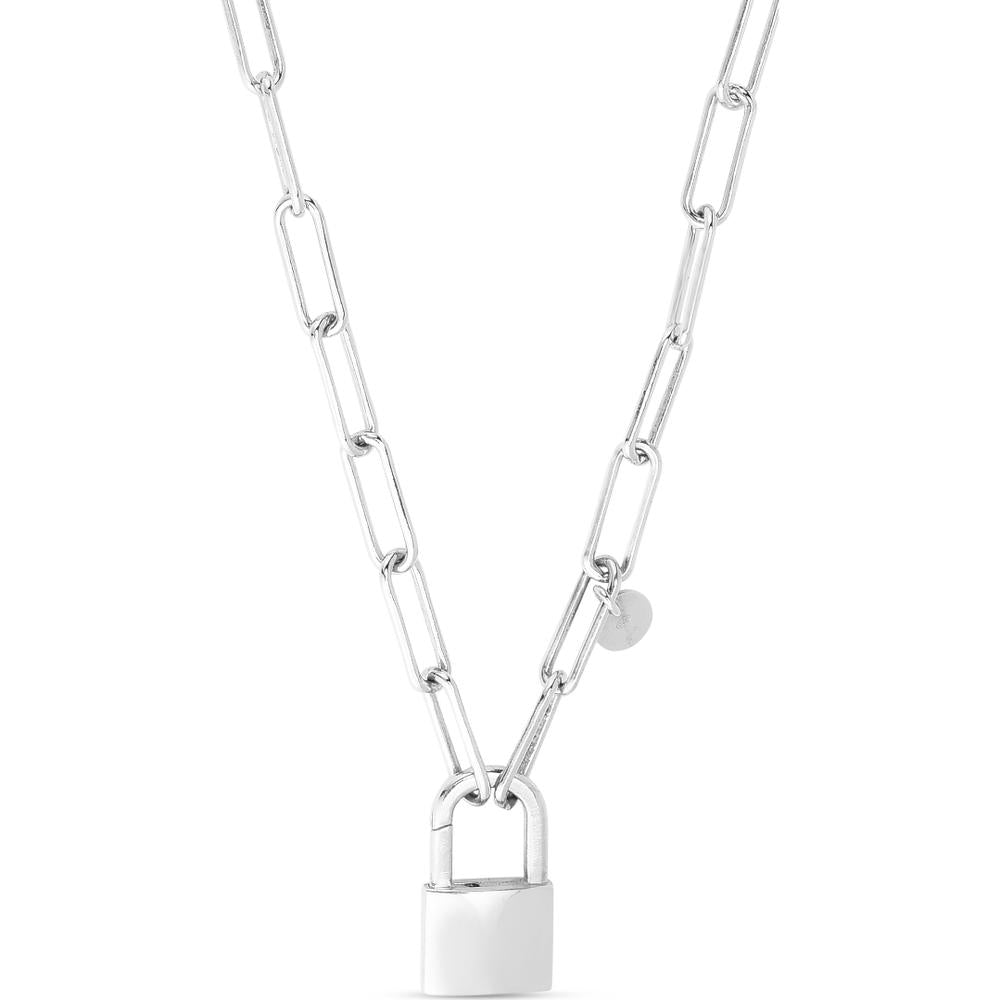 Sterling Silver 22" Paperclip Link Necklace with Polished Padlock Charm by Orozza Fine Jewelry