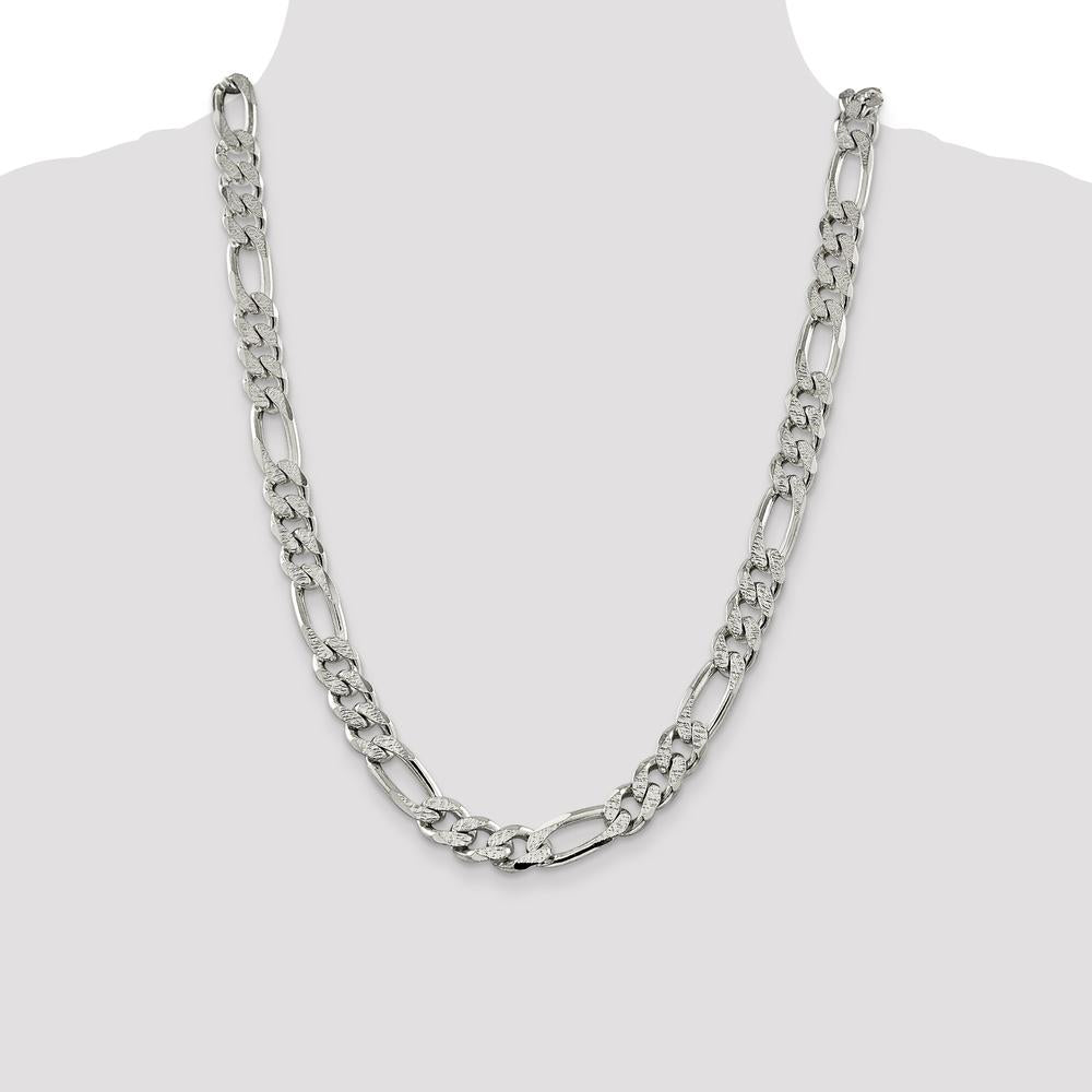 Sterling Silver 24" 11.0mm Pavé Flat Figaro Chain with Lobster Clasp and Anti-Tarnish Coating by Lumare Gioia