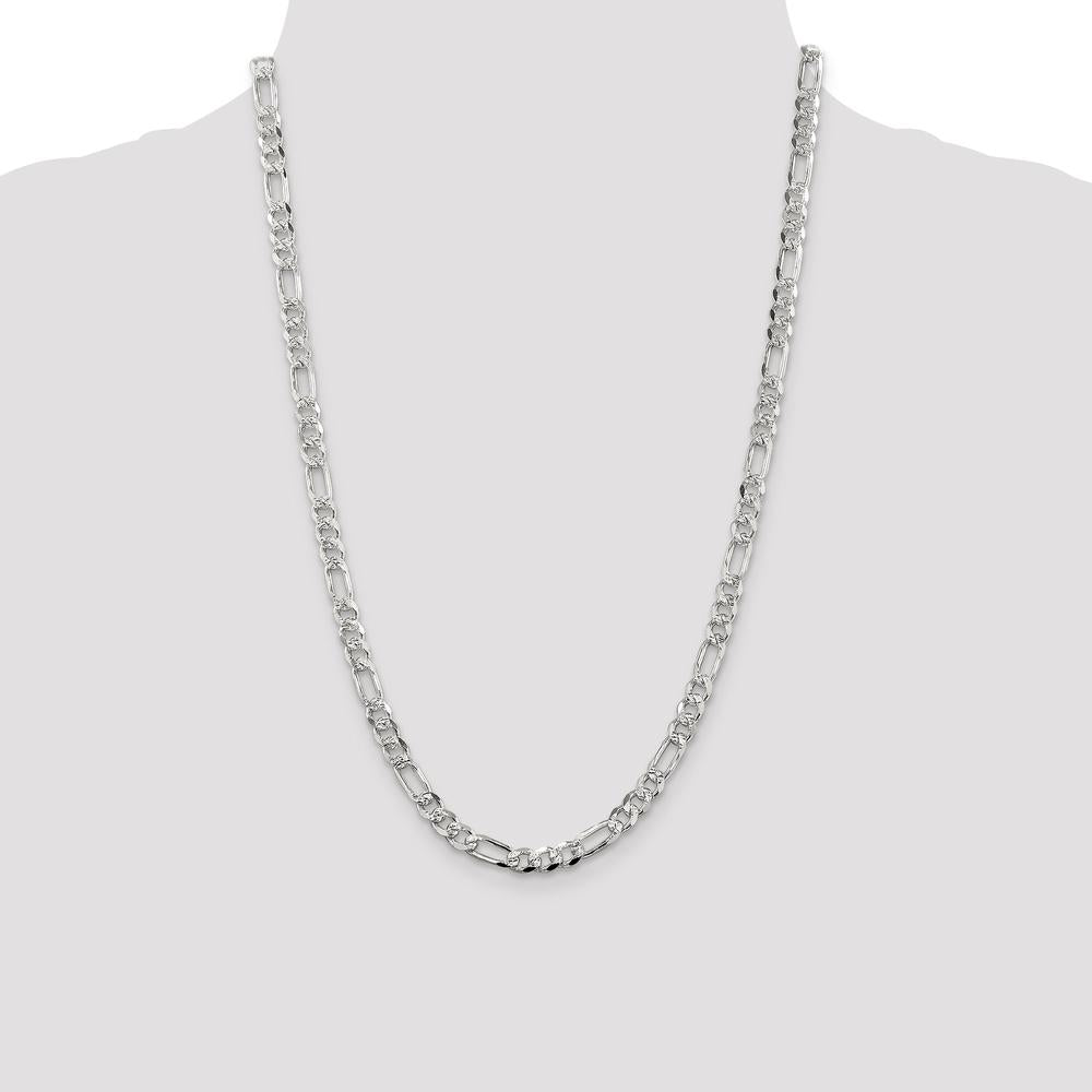 Sterling Silver 24" 5.5mm Pavé Flat Figaro Chain Necklace - Polished Finish with Lobster Clasp by Lumare Gioia