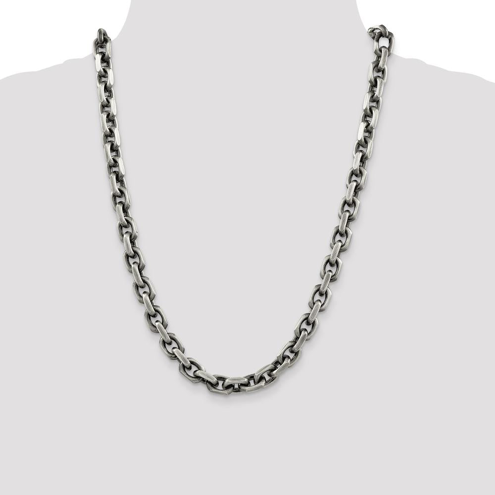 Sterling Silver 24" 8.6mm Diamond-Cut Cable Link Chain - Polished & Antiqued Finish by Lumare Gioia