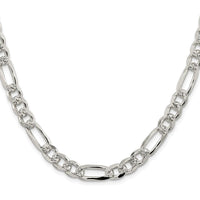 Sterling Silver 24" Pavé Flat Figaro Chain Necklace - 8mm Width, Rhodium-Plated Finish by Lumare Gioia