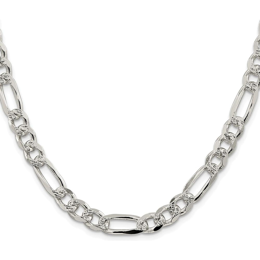 Sterling Silver 24" Pavé Flat Figaro Chain Necklace - 8mm Width, Rhodium-Plated Finish by Lumare Gioia