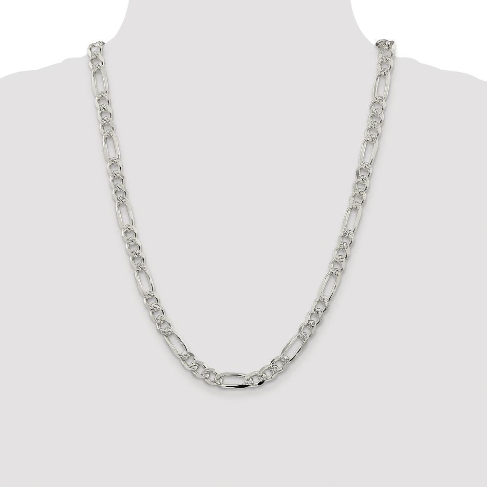 Sterling Silver 24" Pavé Flat Figaro Chain Necklace - 8mm Width, Rhodium-Plated Finish by Lumare Gioia