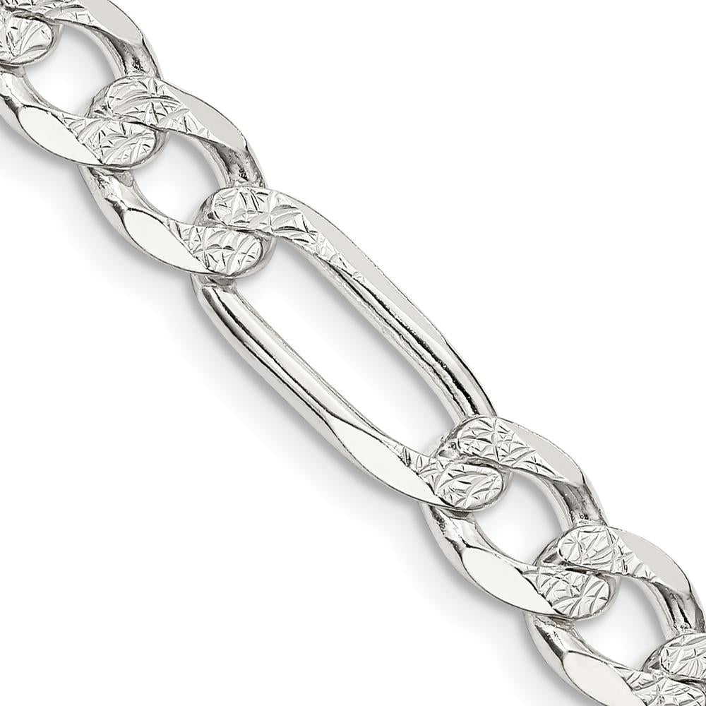 Sterling Silver 28" 7mm Flat Figaro Chain with Pavé Finish - Anti-Tarnish Coated by Lumare Gioia