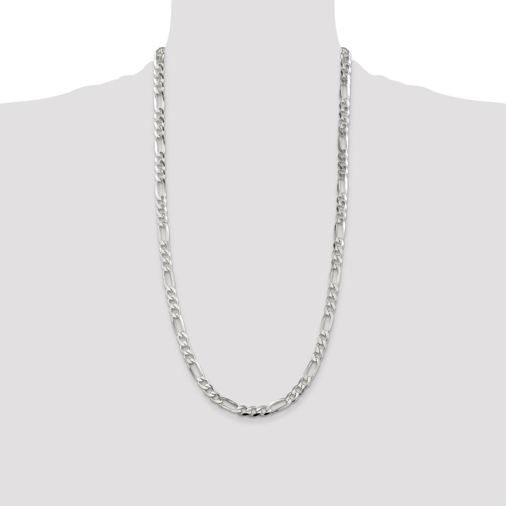 Sterling Silver 28" 7mm Flat Figaro Chain with Pavé Finish - Anti-Tarnish Coated by Lumare Gioia