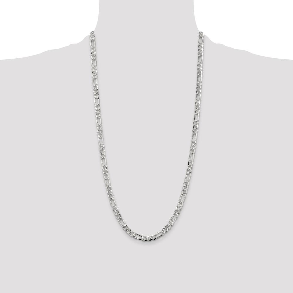 Sterling Silver 5.5mm Pave Flat Figaro Chain - 28" Polished Necklace by Lumare Gioia